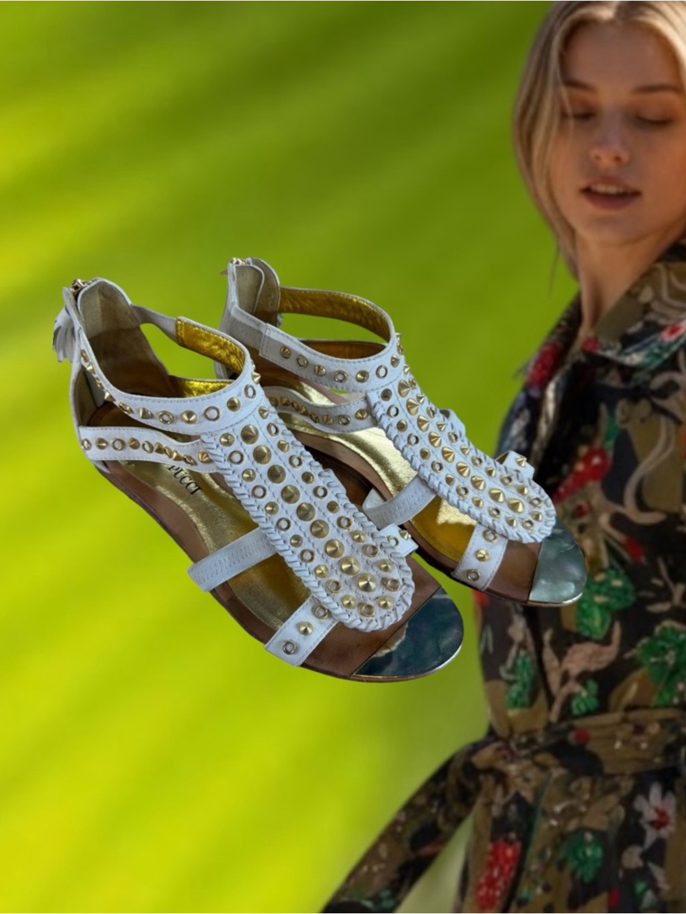 Emilio Pucci White and Gold Studded Gladiator Sandals